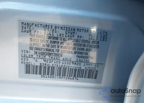 2021 Nissan Sentra Sv Xtronic Cvt z USA, uszkodzony, nr VIN 3N1AB8CV8MY286876